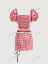 Women's Plaid Short Puff Sleeve Shirt And Skirt Set